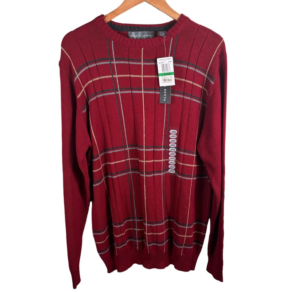 OSCAR DE LA RENTA Mens Large Sweaters NWT Jumper Red‎ Knit Check Crew Pullover